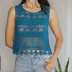 Blue Crochet Crop Top Sleeveless Summer Beach Outfit Size M/L